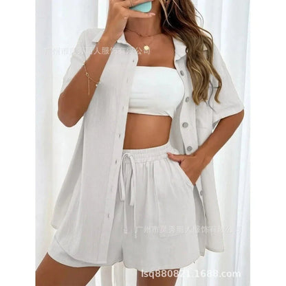 Fashion Black Short Sleeve Shirt And Shorts Two Piece Sets Women 2025 Summer Cotton Linen Casual Home 2 Piece Sets Women Outfit Good Vibrations
