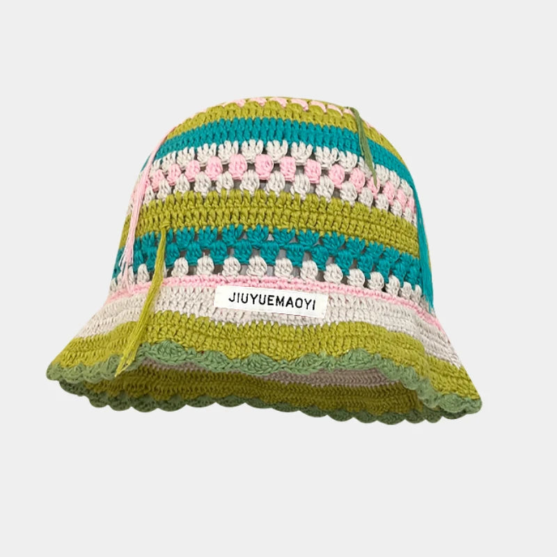 2024 Spring New Crochet Hat Korean Handmade Bucket Hat Women's Weaving Knitted Hat Y2k Fashion Flowers Autumn Winter Ins Beanies Good Vibrations