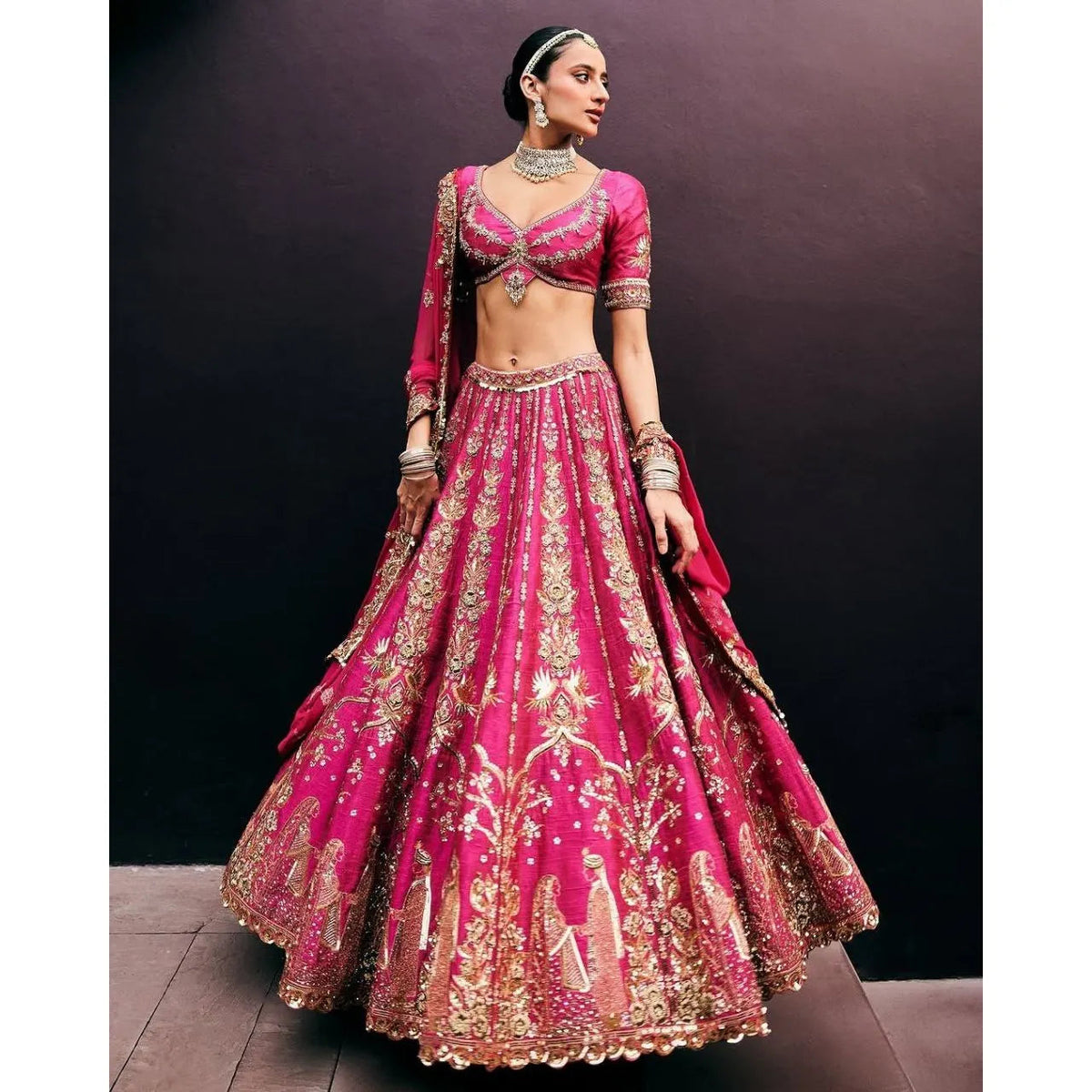Most Trending Beautiful Bridal Lehenga Choli Veil Collection in Dark-Pink Size M by Heera Creation for Brides Good Vibrations