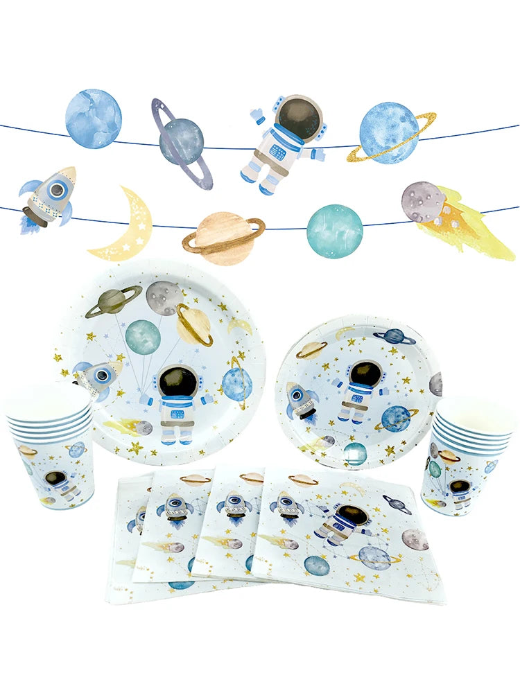 Blue Galaxy Space Disposable Plates Napkins Cups Outer Space Theme Party Tableware for Boys Astronaut Theme Birthday Decorations Good Vibrations