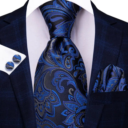 Hi-Tie Navy Blue Solid Paisley Silk Wedding Tie For Men Hanky Cufflink Mens Necktie Set Business Party New Design Dropshipping Good Vibrations