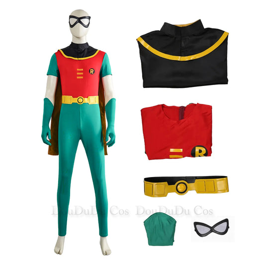 Adult Robin Cosplay Costume Men Jumpsuit Cloak Belt Gloves Eyemask Outfits TV Fantasy Halloween Carnival Party Suit Good Vibrations