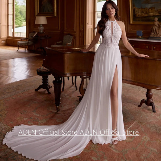 Halter Wedding Dress Customized Sleeveless Bohemian Lace High Split Open Back Court Train Beach Bridal Gown for Woman Good Vibrations