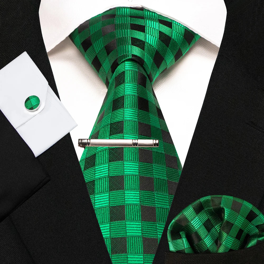8cm Silk Mens Ties Green Black Ties plaid stripe NeckTie Pocket Square Cufflinks Tie clips Set Men's Wedding business Party Tie Good Vibrations