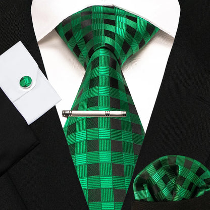 8cm Silk Mens Ties Green Black Ties plaid stripe NeckTie Pocket Square Cufflinks Tie clips Set Men's Wedding business Party Tie Good Vibrations