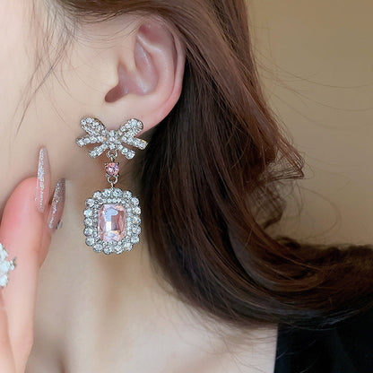 Inlaid Rhinestone Necklace Earrings Two Pcs Set Zircon Square Bow Jewelry Sets Light Luxury Fashion High Sense Accessories Gifts Good Vibrations Adult Super Store