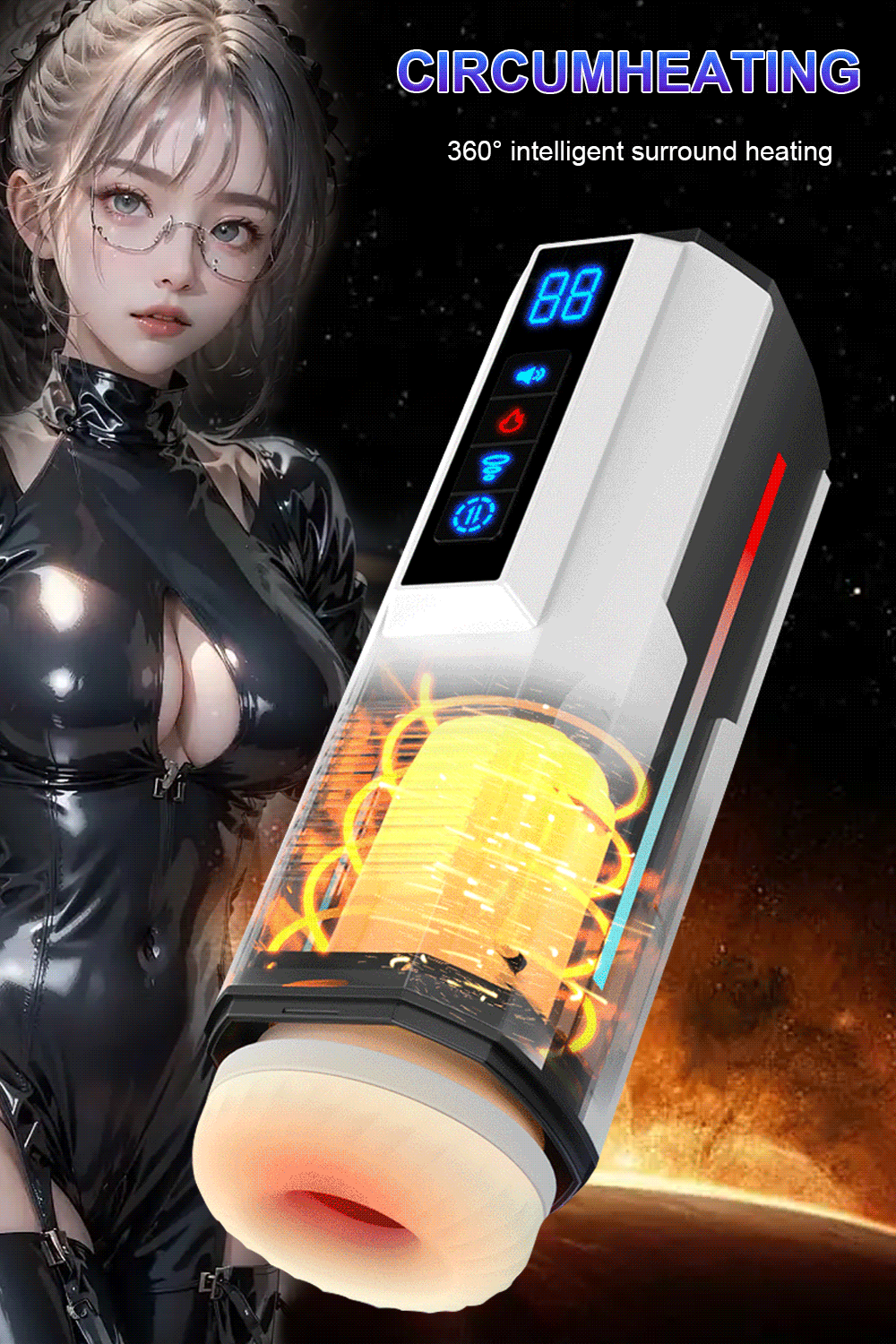 Automatic telescopic male masturbator cup with 360° heating and digital display.