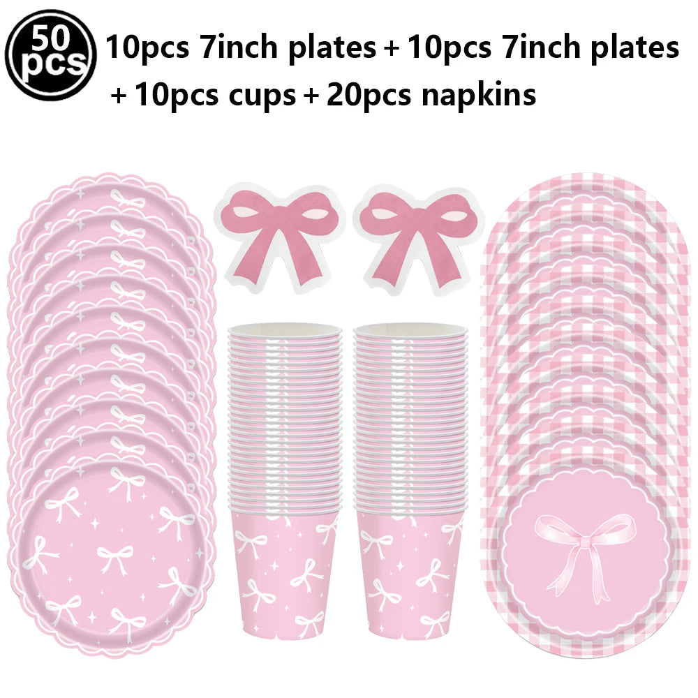 Pink Banner Happy Birthday Bow Balloon Straw Disposable Paper Plate Napkin Cup Tableware Princess Girl Birthday Party Supplies Good Vibrations