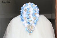 JaneVini Elegant Korean Light Blue Cascading Flowers Crystal Waterfall Bridal Bouquets Pearl Ribbon Roses Wedding Brooch Bouquet Good Vibrations