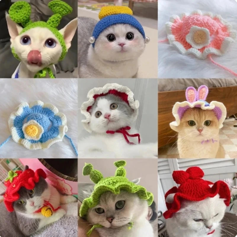 Cute Cat Hat Funny Pets Party Cosplay Headwear Delicate Hemming Pendant Decor Elasticity Knitted Hat Pet Accessories Good Vibrations