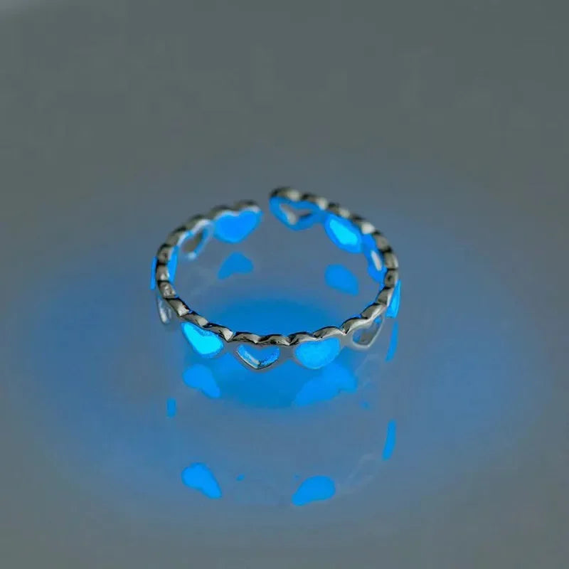 Glow In Dark Ring Luminous Blue Pink Light Love Heart Ring Couples Girls Silver Color Jewelry Adjustable Size New Fashion Rings Good Vibrations