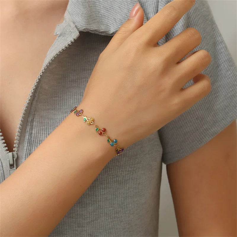 Charm Cherry Bracelet For Women Retro Bohemian Stainless Steel Bracelet For Girls Party Holiday Fashion Jewelry Gift Good Vibrations