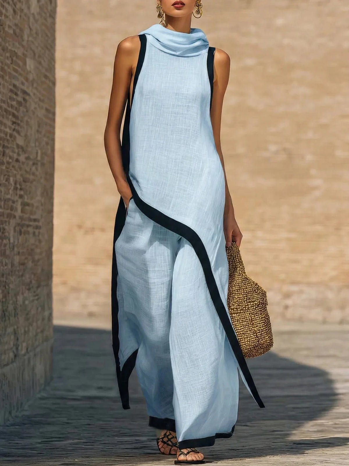 2026 New European American Women's Two-Piece Set: Solid Sleeveless Blouse with High Waist Pants, Elegant Casual Matching Outfit Good Vibrations
