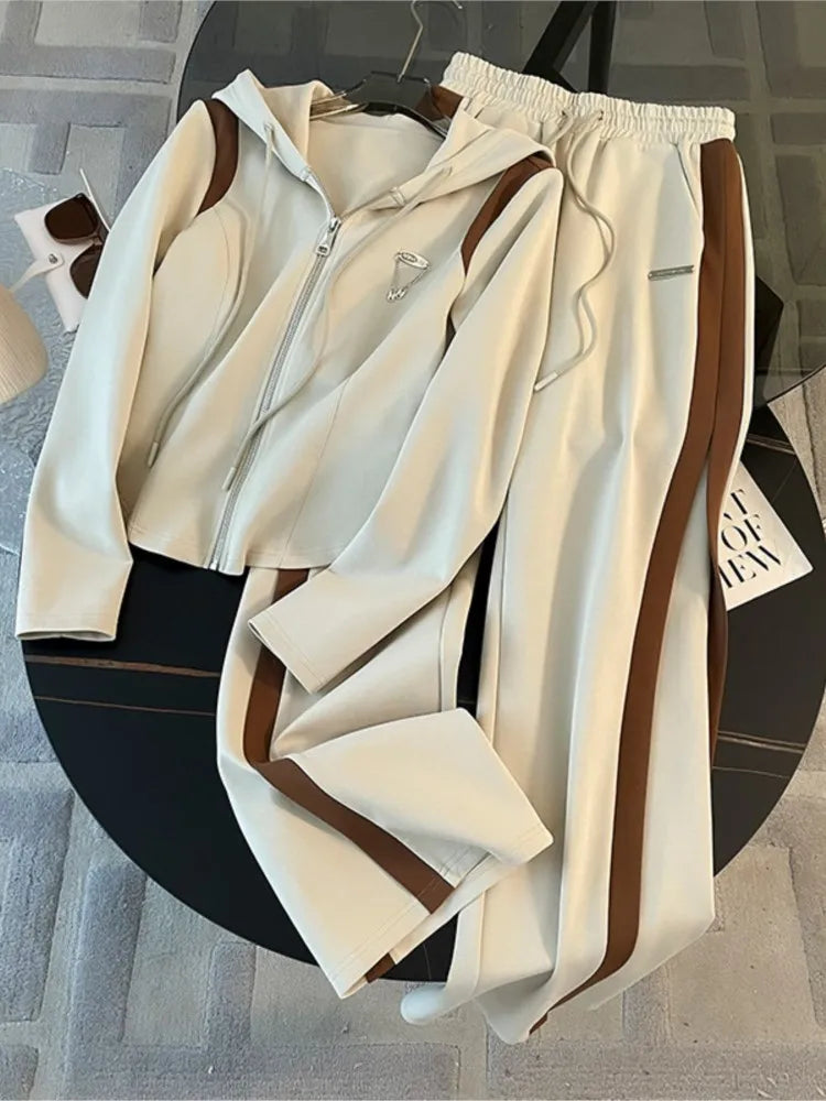 Woman's Hooded Casual Two-piece Set Fashion Zipper Long Sleeves Coat Lace-up Long Pant Suit Autumn Winter Ladies Office Outfit Good Vibrations