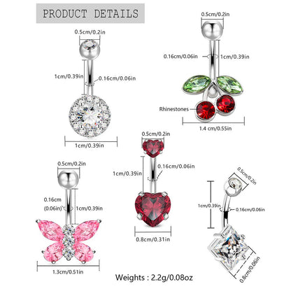 3pcs/Set Stainless Steel Color Cubic Zirconia Navel Rings Round Butterfly Heart Cherry Shapes Fashion Body Piercing Jewelry Good Vibrations Adult Super Store