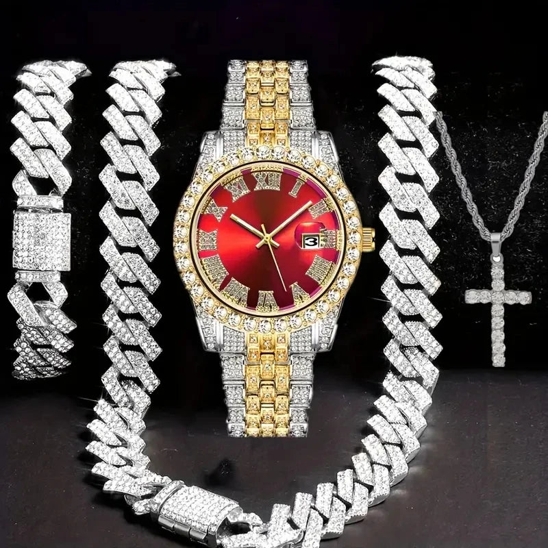 4pcs/set Mens Bling Wrist Watch & Hip Hop Cuban Chain Necklace Set - Rhinestone Accented, Round Dial, Electronic Quartz Movement Good Vibrations