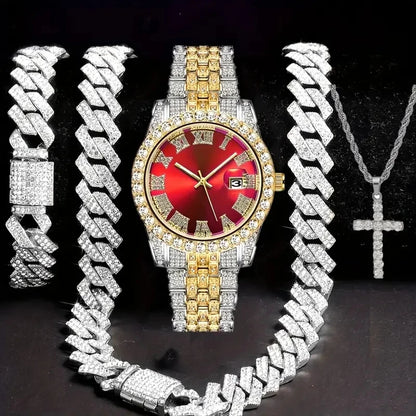 4pcs/set Mens Bling Wrist Watch & Hip Hop Cuban Chain Necklace Set - Rhinestone Accented, Round Dial, Electronic Quartz Movement Good Vibrations