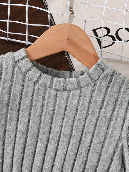 Spring and Autumn Girls' Simple Casual Versatile Knitted Round Neck Long-Sleeved Floral Dress Girls' Daily Casual Dress Good Vibrations