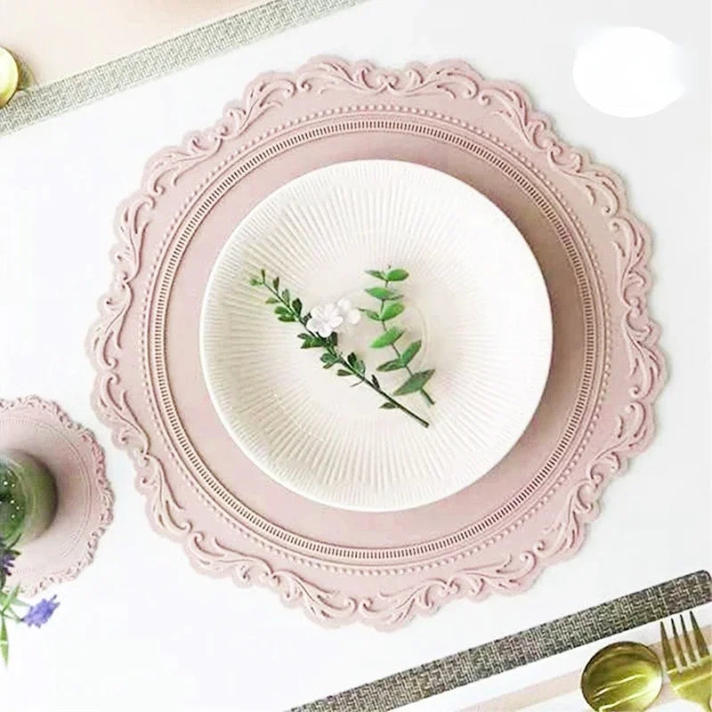 34CM Silicone Placemat Round Flower Coffee Dinner Table Mat Embossed Pink Coaster Heat Resistant Kitchen Tableware Dining Mat Good Vibrations