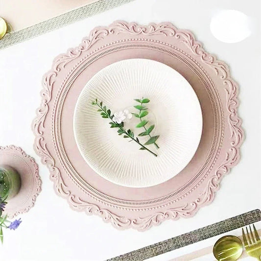 34CM Silicone Placemat Round Flower Coffee Dinner Table Mat Embossed Pink Coaster Heat Resistant Kitchen Tableware Dining Mat Good Vibrations