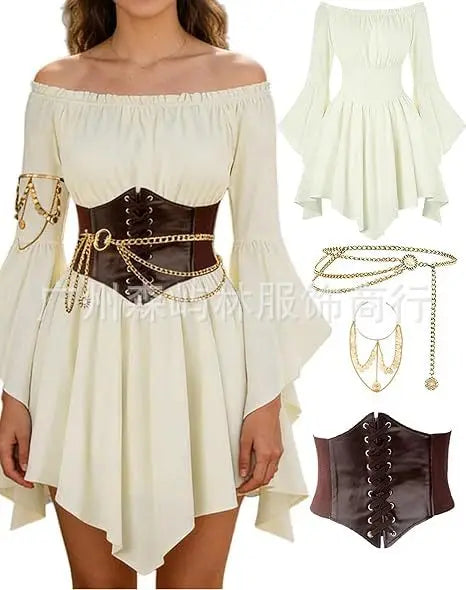 Women's Dress Suit Halloween Renaissance Medieval Pirate Dress Off-the-Shoulder Flared-Sleeve Waist-Cinched Dress Outfits Good Vibrations
