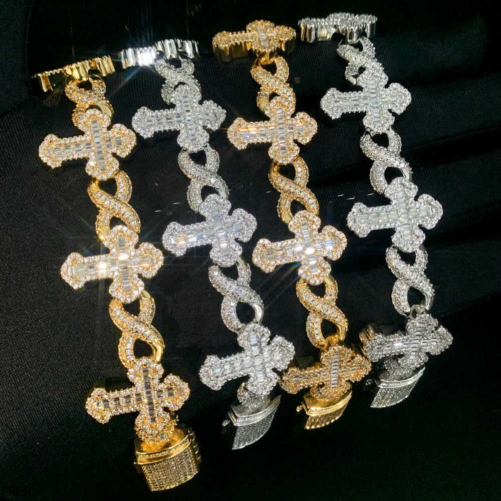 2025 New Men Boy Hip Hop Jewelry Iced Out Bling 5A CZ Multi Cross Charm X Shape Cuban Chain Charm Bracelet Gifts Good Vibrations