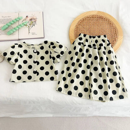 Korean-style new summer girls' outfit: round polka dot short top and loose wide-leg pants two-piece children's clothing set Good Vibrations