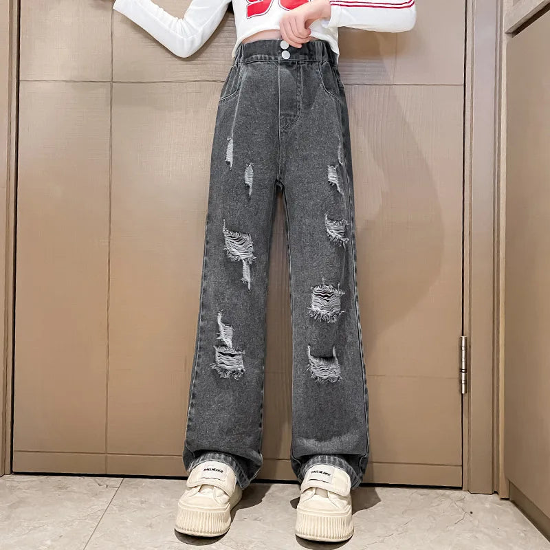 New 2024 Teenage Girls Blue Street Cartoon Print Elastic Mid Waist Loose Denim Jeans Spring Fashion Children Cute Wide Leg Pants Good Vibrations