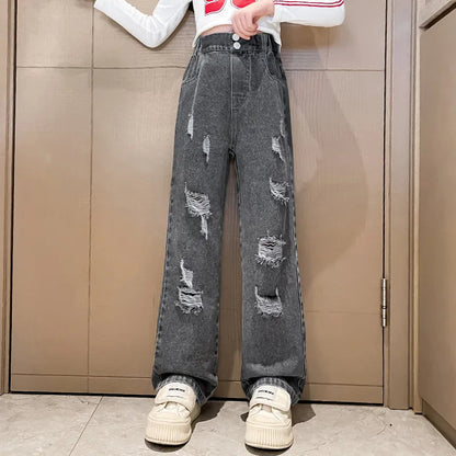 New 2024 Teenage Girls Blue Street Cartoon Print Elastic Mid Waist Loose Denim Jeans Spring Fashion Children Cute Wide Leg Pants Good Vibrations