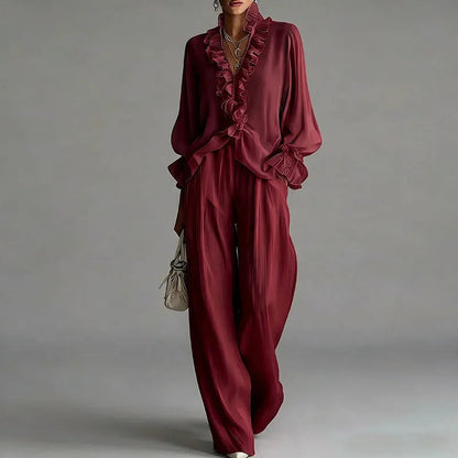 White Casual 2 Piece Outfit for Woman Sexy Ruffle V Neck Long Sleeve Blouse Wide Leg Pants Set Spring Summer Bohemian Suit Mujer Good Vibrations