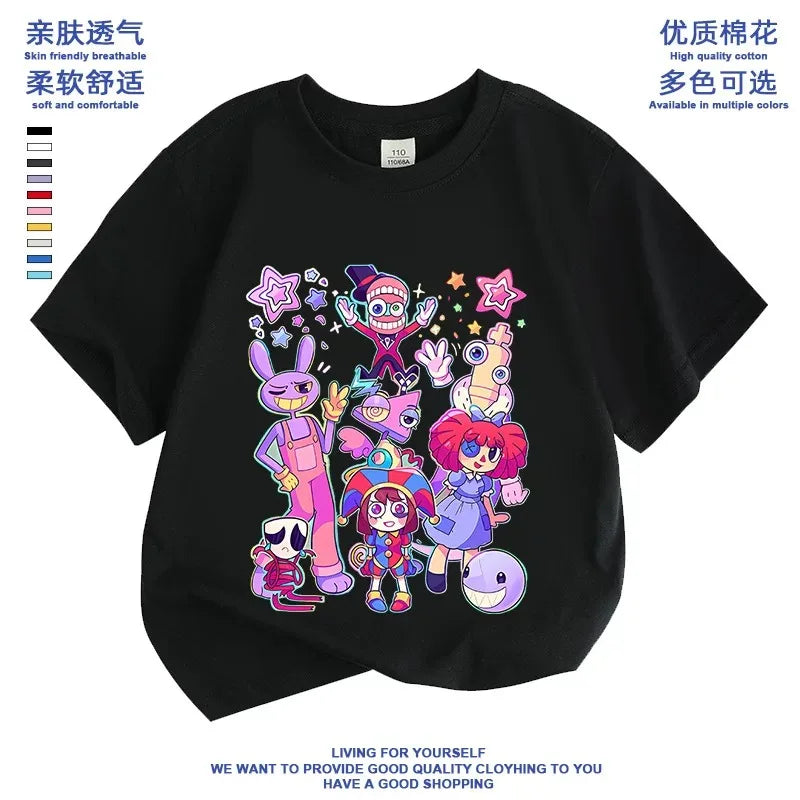 2026 Pure cotton boys and girls' short-sleeved T-shirt summer children's clothing cartoon magic digital circus children's top Good Vibrations