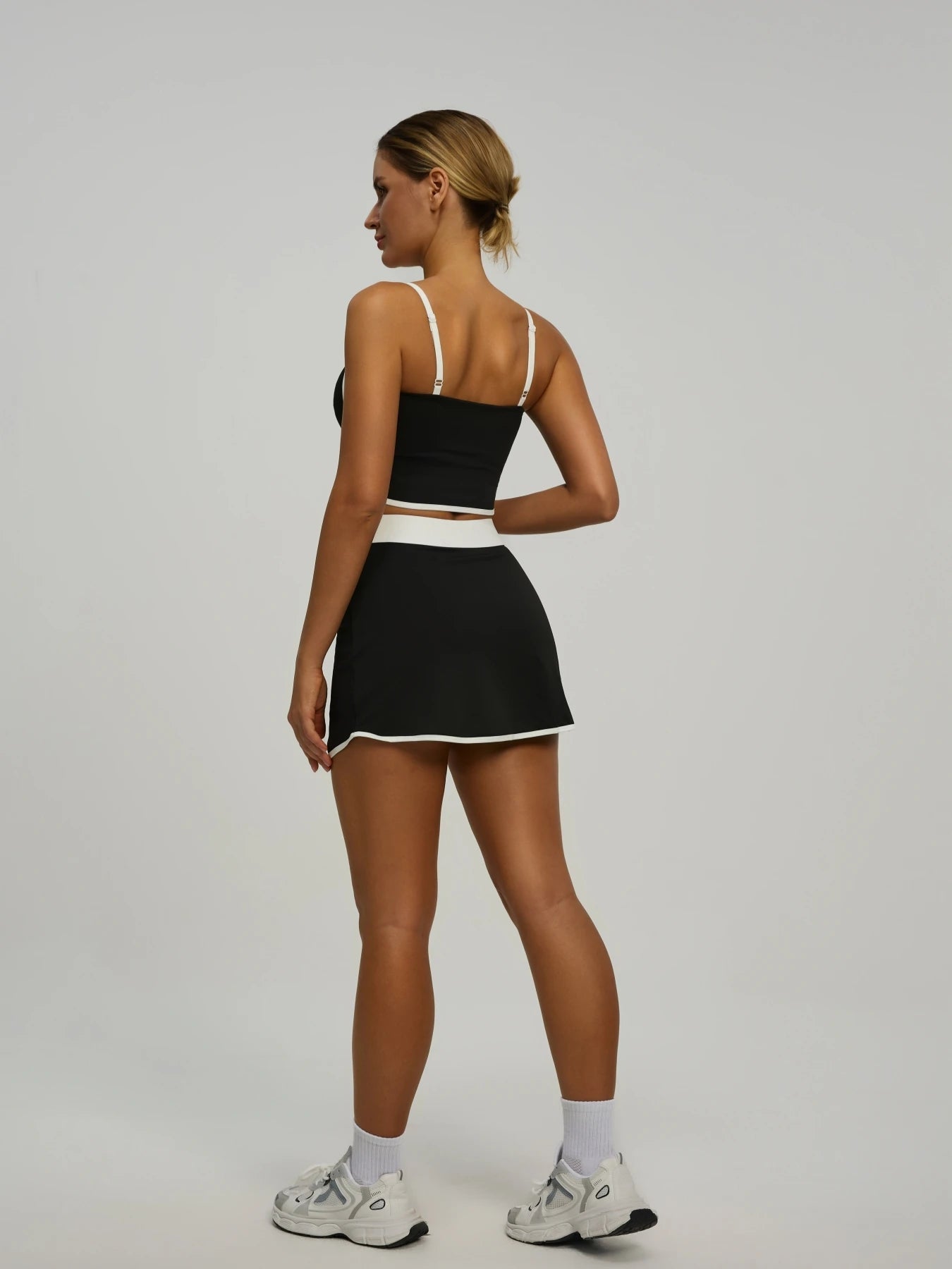 Women's Athletic Set: Padded Crop Top (Built - in Bra) & Skort with Hidden Side Pockets, Moisture - Wicking Fabric for Tennis, G Good Vibrations