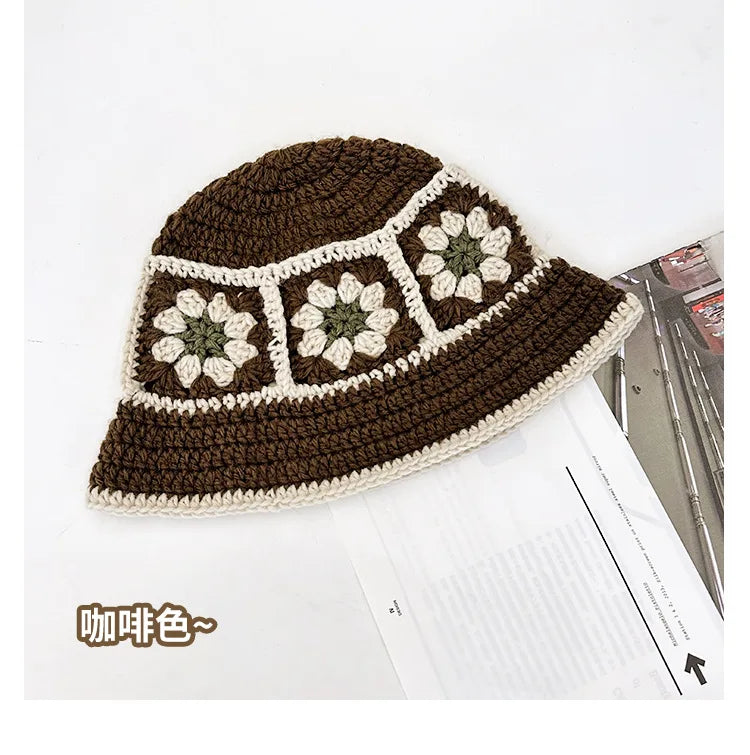 2024 Spring New Crochet Hat Korean Handmade Bucket Hat Women's Weaving Knitted Hat Y2k Fashion Flowers Autumn Winter Ins Beanies Good Vibrations