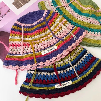 2024 Spring New Crochet Hat Korean Handmade Bucket Hat Women's Weaving Knitted Hat Y2k Fashion Flowers Autumn Winter Ins Beanies Good Vibrations
