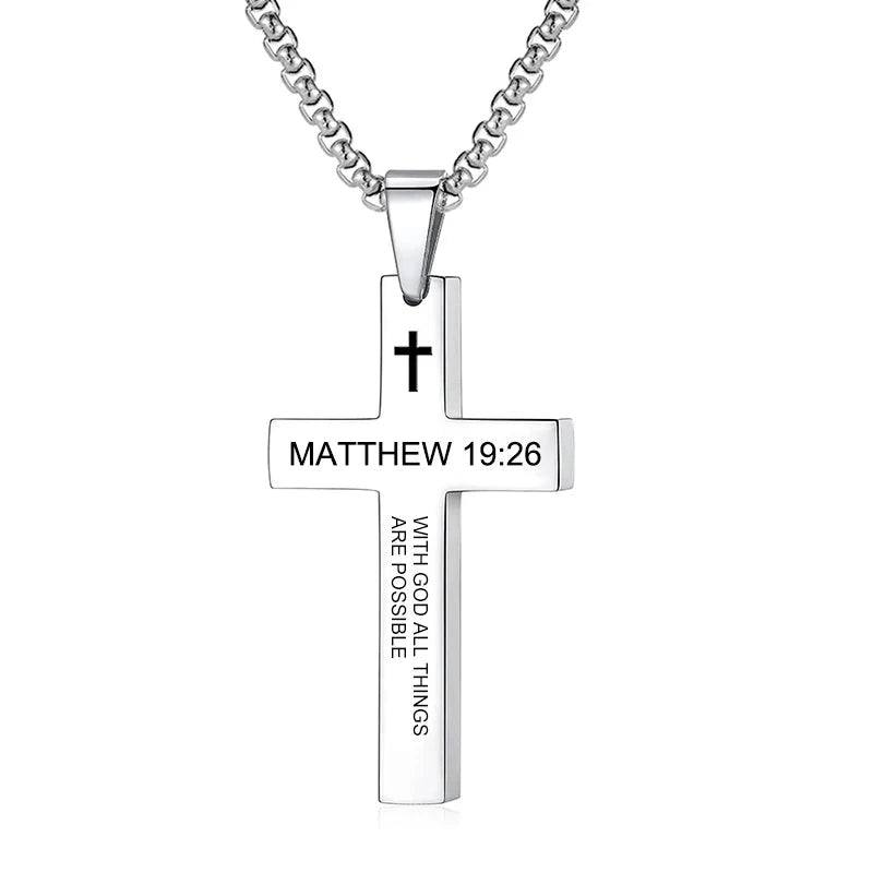 Christian Bible Verse Cross Pendant Necklace Stainless Steel Religious Scripture Prayer Jewelry Gifts Good Vibrations