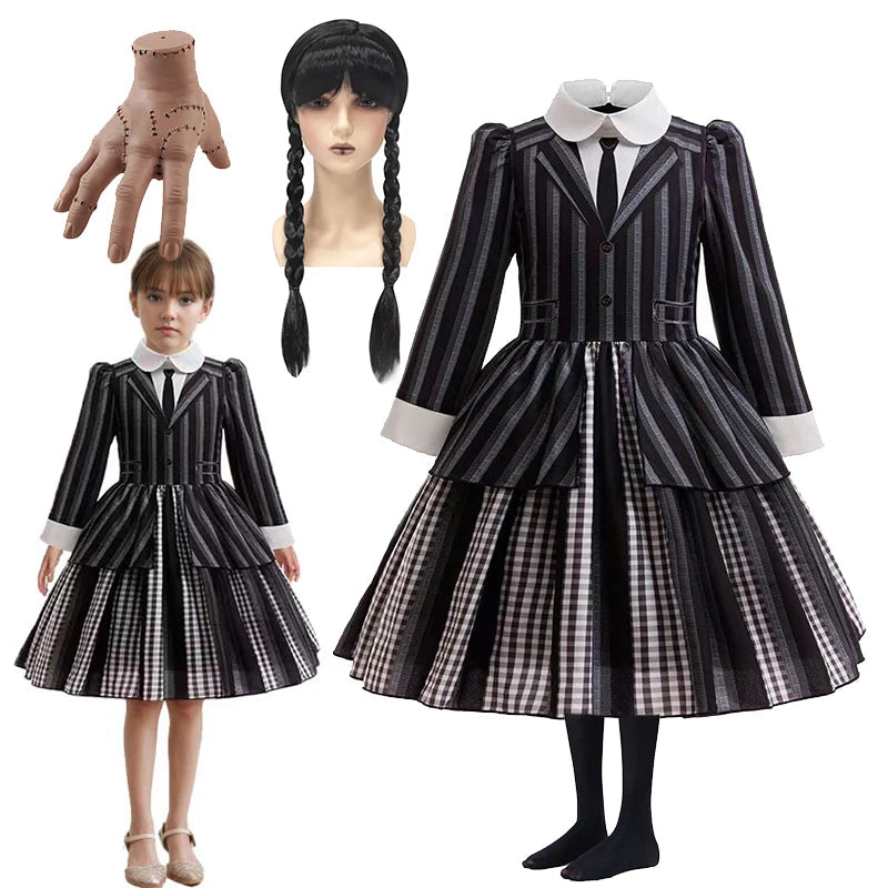 Halloween Gothic Style Costume Dress for Girls Wensday 2 Cosplay Striped School Uniform Party Ball Gown Kids Vestidos Good Vibrations