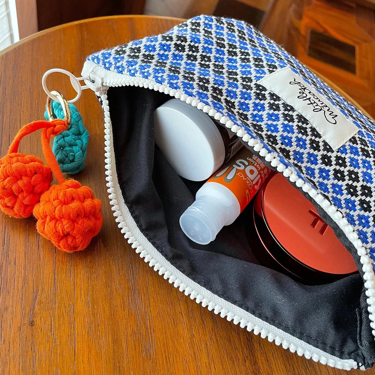 Blue Cherry Hangings Cosmetic Bag Geometric Pattern Make Up Bag Letter Patch Decor Makeup Bag Large Capacity Handbag Good Vibrations