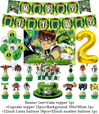 Cartoon Ben-10 Birthday Party Decoration Balloons Favor Set Banner Cake Toppers Baby Shower Boys Gift Party Supplies Photo Prop Good Vibrations