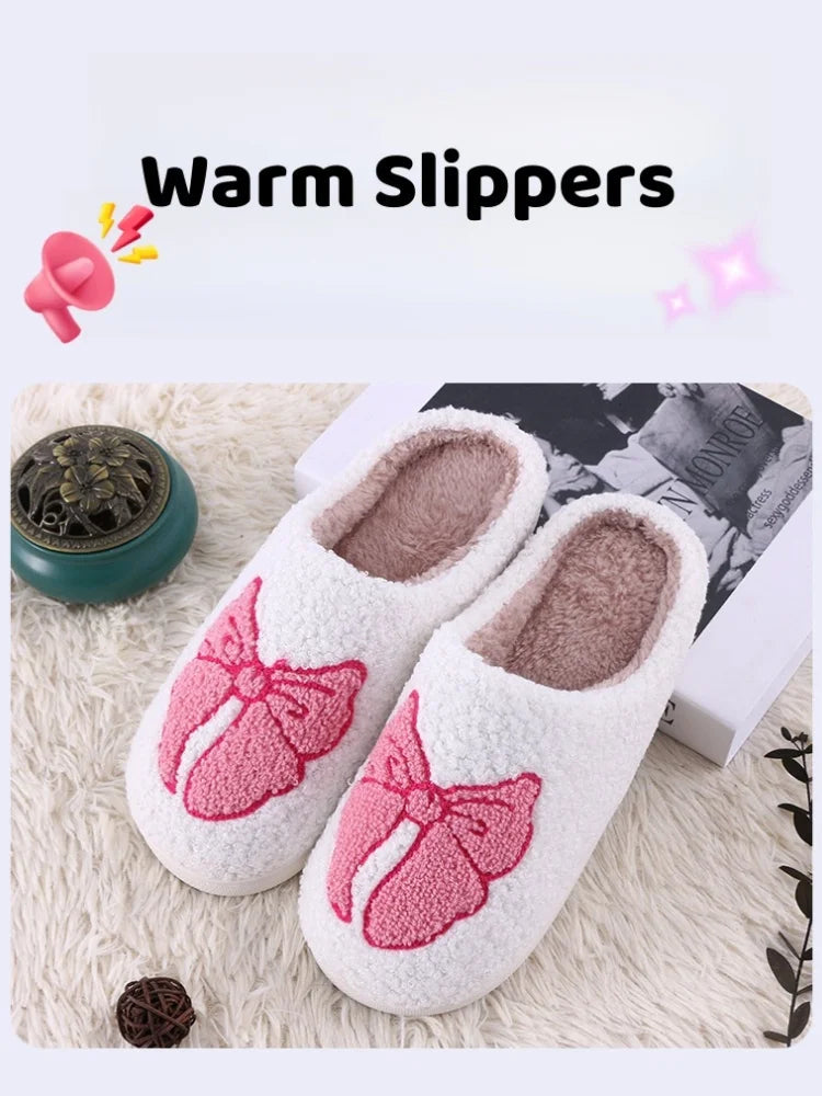 Women's Lovely Pretty Bow Flowers Slippers Men Cartoon Soft Warm Sandals Females Cute Plush Cotton Flat Slides For Autumn Winter Good Vibrations