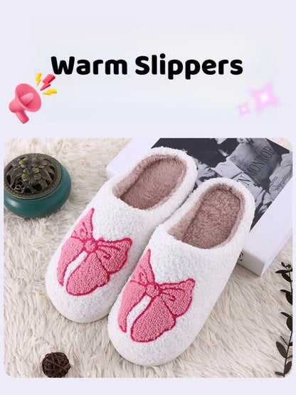 Women's Lovely Pretty Bow Flowers Slippers Men Cartoon Soft Warm Sandals Females Cute Plush Cotton Flat Slides For Autumn Winter Good Vibrations