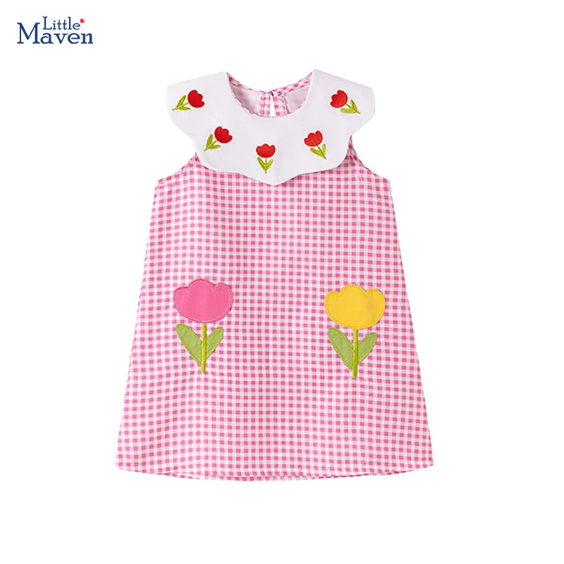 Little maven 2026 Summer Children's Clothing Baby Girls Cartoon Casual Plaid Flowers Pink Princess Dresses Kids Clothes Good Vibrations