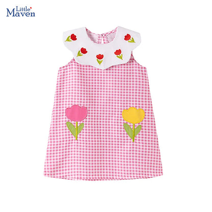Little maven 2026 Summer Children's Clothing Baby Girls Cartoon Casual Plaid Flowers Pink Princess Dresses Kids Clothes Good Vibrations