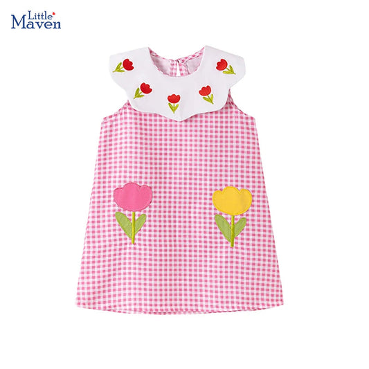 Little maven 2026 Summer Children's Clothing Baby Girls Cartoon Casual Plaid Flowers Pink Princess Dresses Kids Clothes Good Vibrations