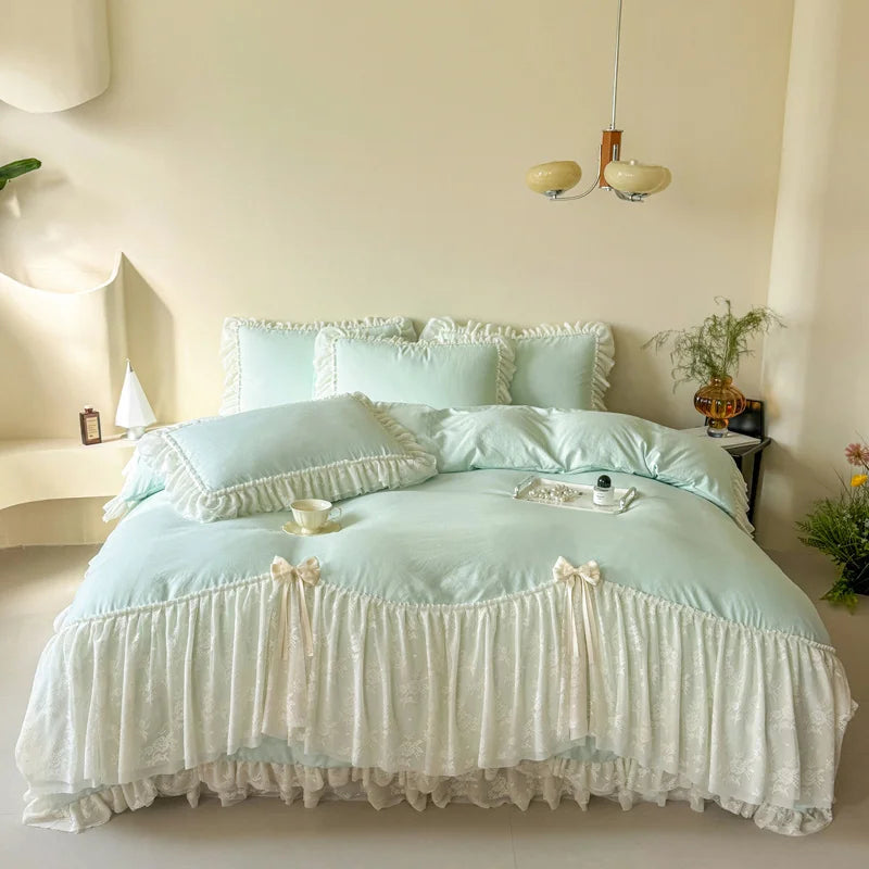 Korean style Princess lace bow bedding set pink sweet girl chiffon ruffles duvet cover bed sheet pillowcase wedding home textile Good Vibrations