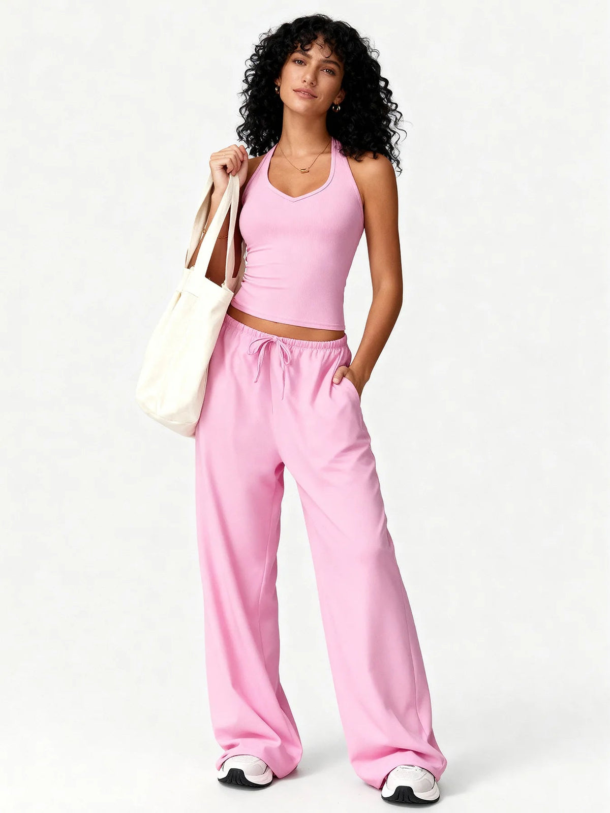Women 2 Piece Yoga Outfit Ribbed Halter Crop Tank Top Drawstring Wide Leg Pants Set Casual Workout Gym Loungewear Tracksuit Good Vibrations