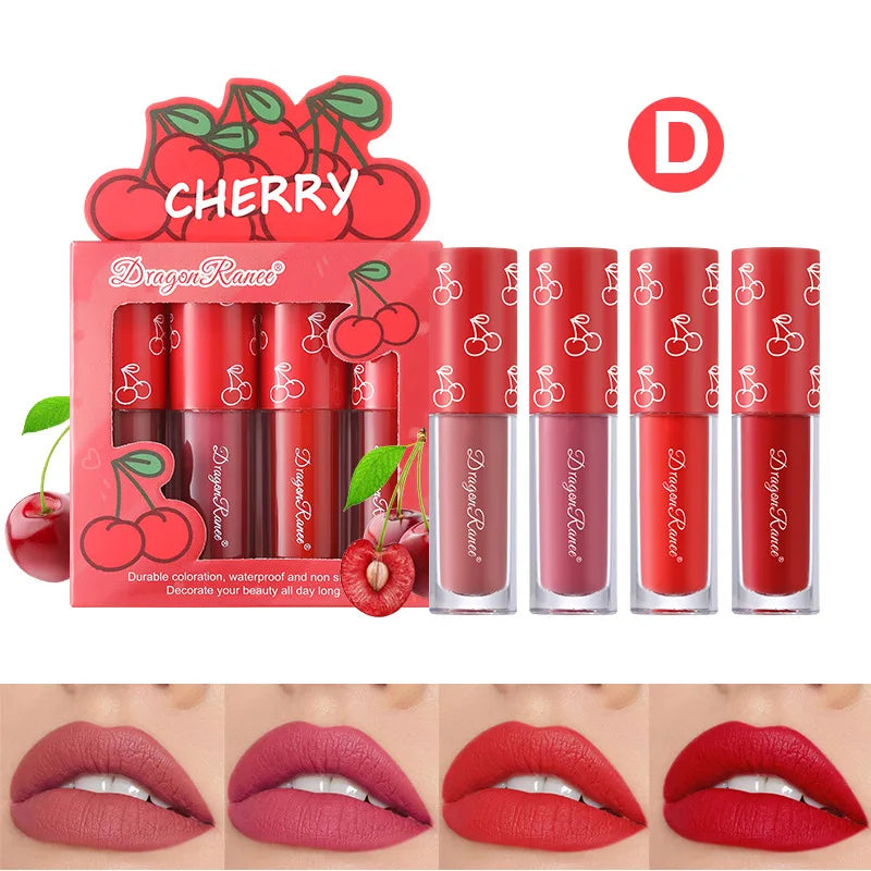 Mini Velvet Matte Lip Gloss Set, 4-Piece Non-Fading, Non-Stick Cup, Long-Lasting Fruit Scented Lip Tint, Smooth and Lightweight Good Vibrations