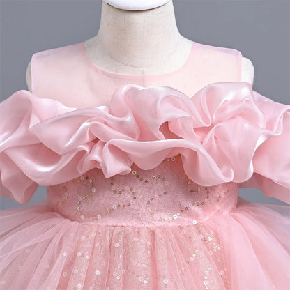 New Girl's Wedding Evening Dress Petal Sequin Mesh Sleeveless Dress Birthday Party School Graduation Party Dress Good Vibrations