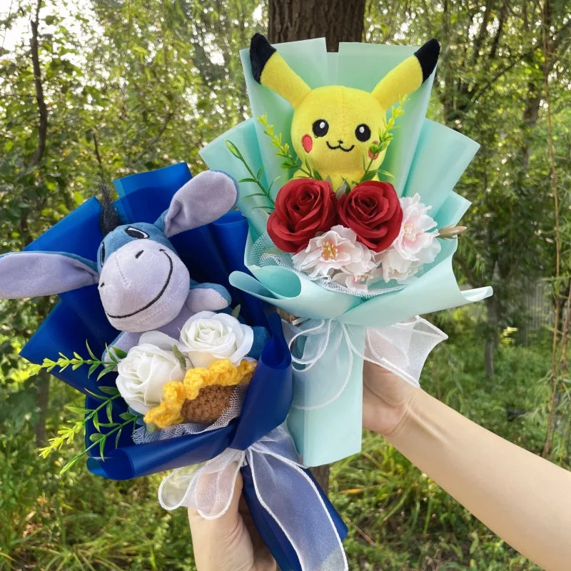 Catoon Stich Winnie the Pooh Plush Doll Toy With Flowers Creative Handmade Bouquet Valentine Christmas Graduation Gift Good Vibrations