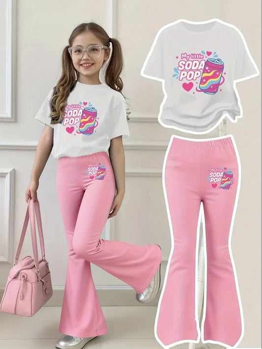 Children's Clothing for Girls 2026 New Style Clothes for Girls Aged 4-12 Kpop Cute Soda Print Set Pink and Blue Letters + Rainbow Pattern Soda Can Print White Short-Sleeve Shirt + Pink Flared Pants Two-Piece Set Good Vibrations