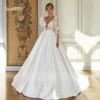 Classic Wedding Dress Satin Surah With Embroidered Lace A-Line Ball Gown O-Neck Puff Sleeves Customized Bride Vestido De Novia Good Vibrations